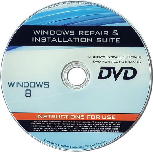Recovery, Repair & Re-Install Disc Compatible with Win 8 32/64 Bit