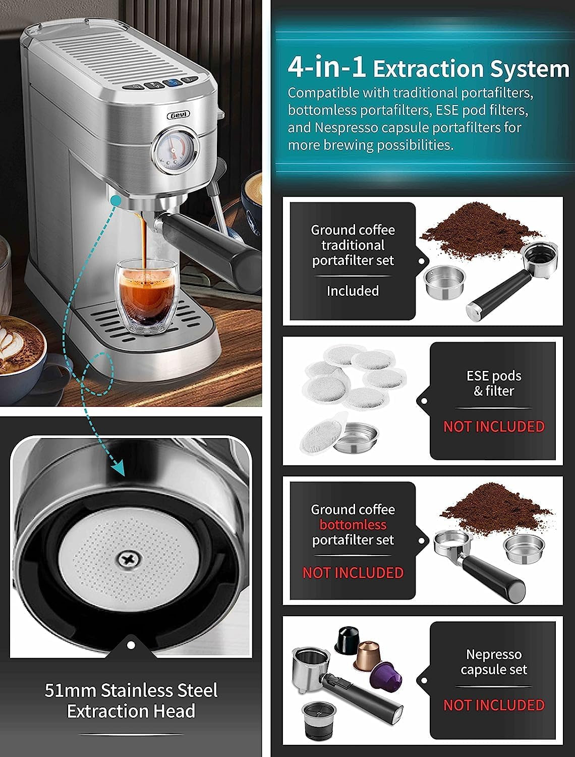 20 Bar Compact Professional Espresso Coffee Machine with Milk Frother/Steam Wand for Espresso, Latte and Cappuccino, Stainless Steel, 35 Oz Removable Water Tank
