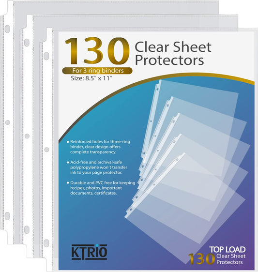 Sheet Protectors 8.5 X 11 Inch Clear Page Protectors for 3 Ring Binder, Plastic Sleeves for Binders, Top Loading Paper Protector Letter Size, 130 Pack