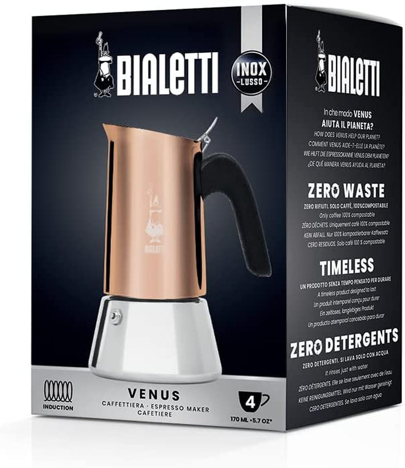 - New Venus Induction, Stainless Steel Stovetop Espresso Coffee Maker, Suitable for All Types of Hobs, 6 Cups (7.9 Oz), Copper
