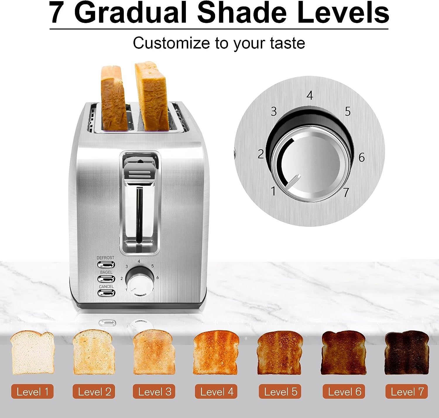 2 Slice Slot Toaster, Stainless Steel, Extra-Wide Slot Toaster with 7 Shade Settings, Silver Metallic