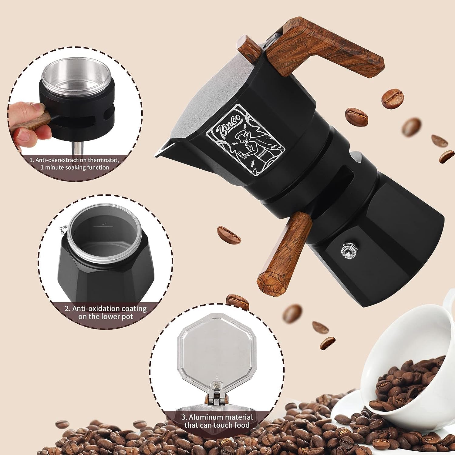 120ML/2 Cup Stovetop Espresso Maker Double Valve Moka Pot with Thermostat Extractor Prevent Over-Extraction,Italian Espresso Moka Pot with Powder Dispenser and Filter Paper for Home(Black)