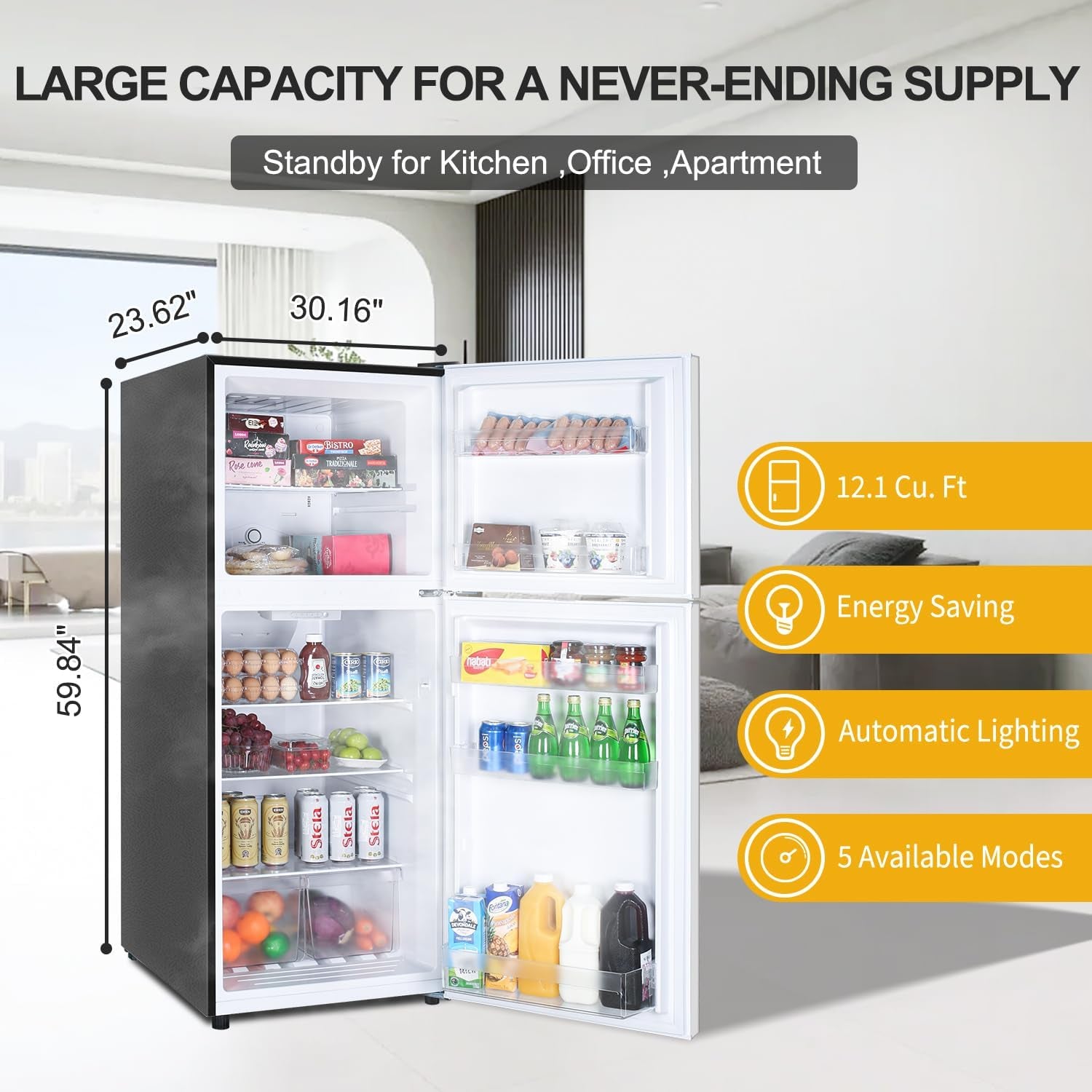 12.1 CU' Refrigerator with Freezer, Apartment Size Refrigerator Top Freezer, 2 Door Fridge with Adjustable Thermostat Control, Freestanding, Door Swing, Stainless Steel (FR 1202 SL)