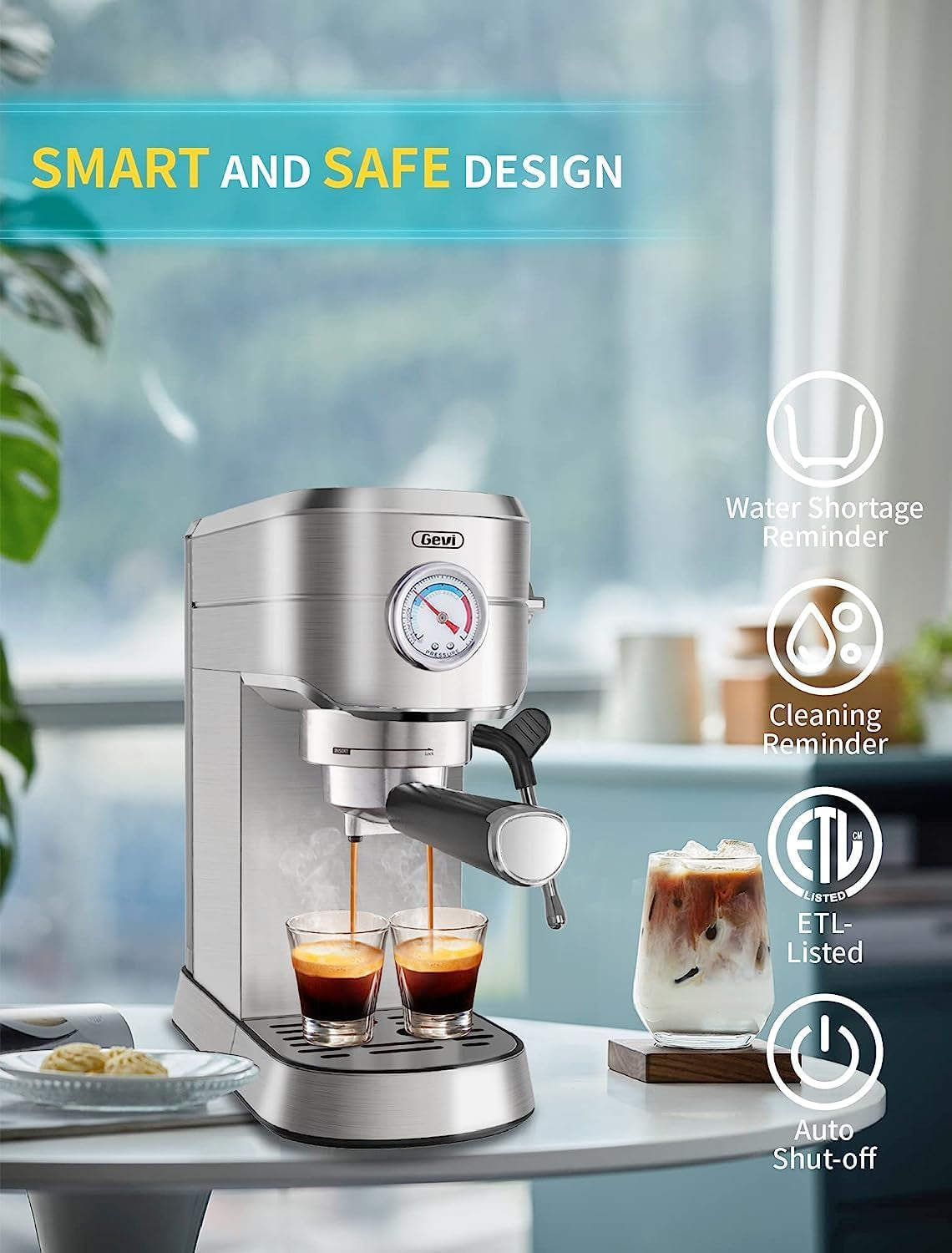 20 Bar Compact Professional Espresso Coffee Machine with Milk Frother/Steam Wand for Espresso, Latte and Cappuccino, Stainless Steel, 35 Oz Removable Water Tank
