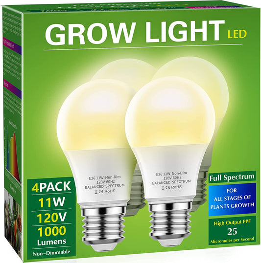 4 Pack Grow Light Bulbs, LED White Bulb A19 Bulb, Full Spectrum Plant Bulbs E26 Base, 11W 100W Equivalent, for Indoor Plants, Seed Starting