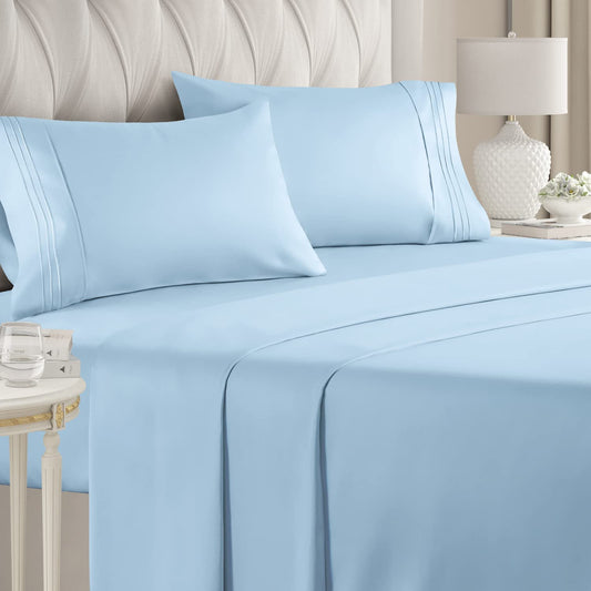 Queen Size 4 Piece Bedding Sheet Set - Breathable & Cooling Bed Sheets - Hotel Luxury Bed Sheets for Women & Men- Deep Pockets - Easy-Fit - Soft & Wrinkle Free - Home Decor - Light Blue Oeko-Tex Set