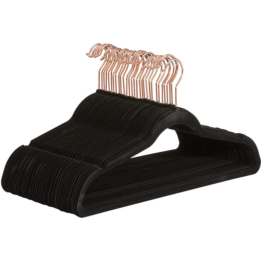Slim, Velvet, Non-Slip Suit Clothes Hangers, Black/Rose Gold - Pack of 30