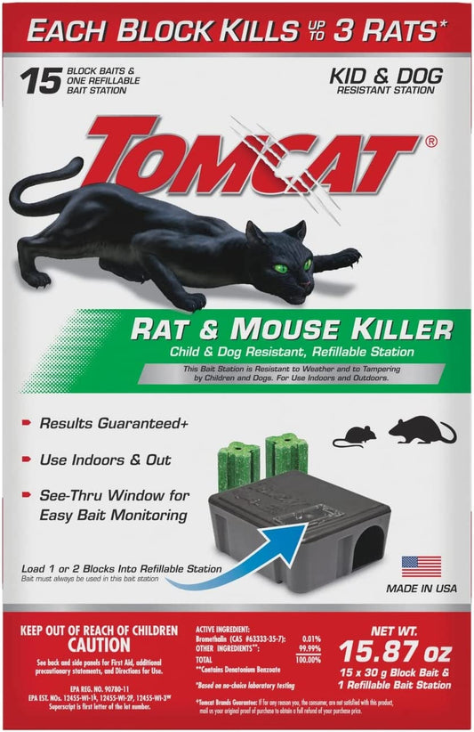 Rat & Mouse Killer Child & Dog Resistant, Refillable Station for Indoor and Outdoor, 1 Station and 15 Poison Refills