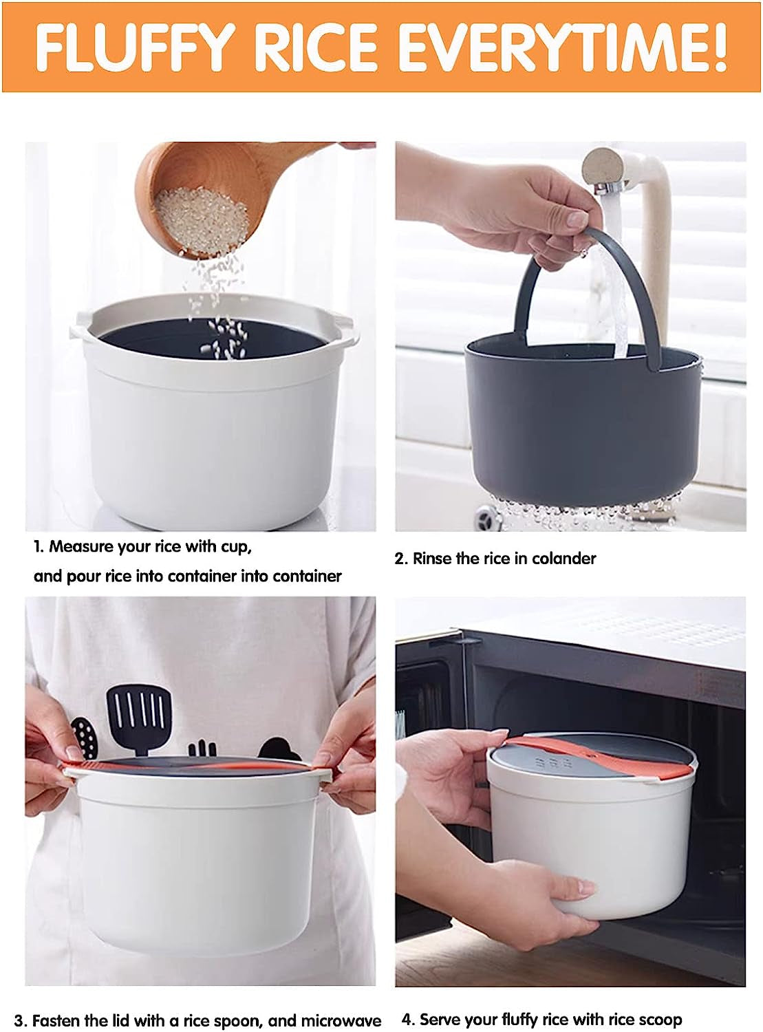 Microwave Rice Cooker Steamer, Microwave Pasta Cooker with Strainer, 2 L Microwave Cookware Set for Rice, Pasta, Vegetables, Quinoa, Oatmeal, Ramen Non Stick, Dishwasher Safe, BPA Free