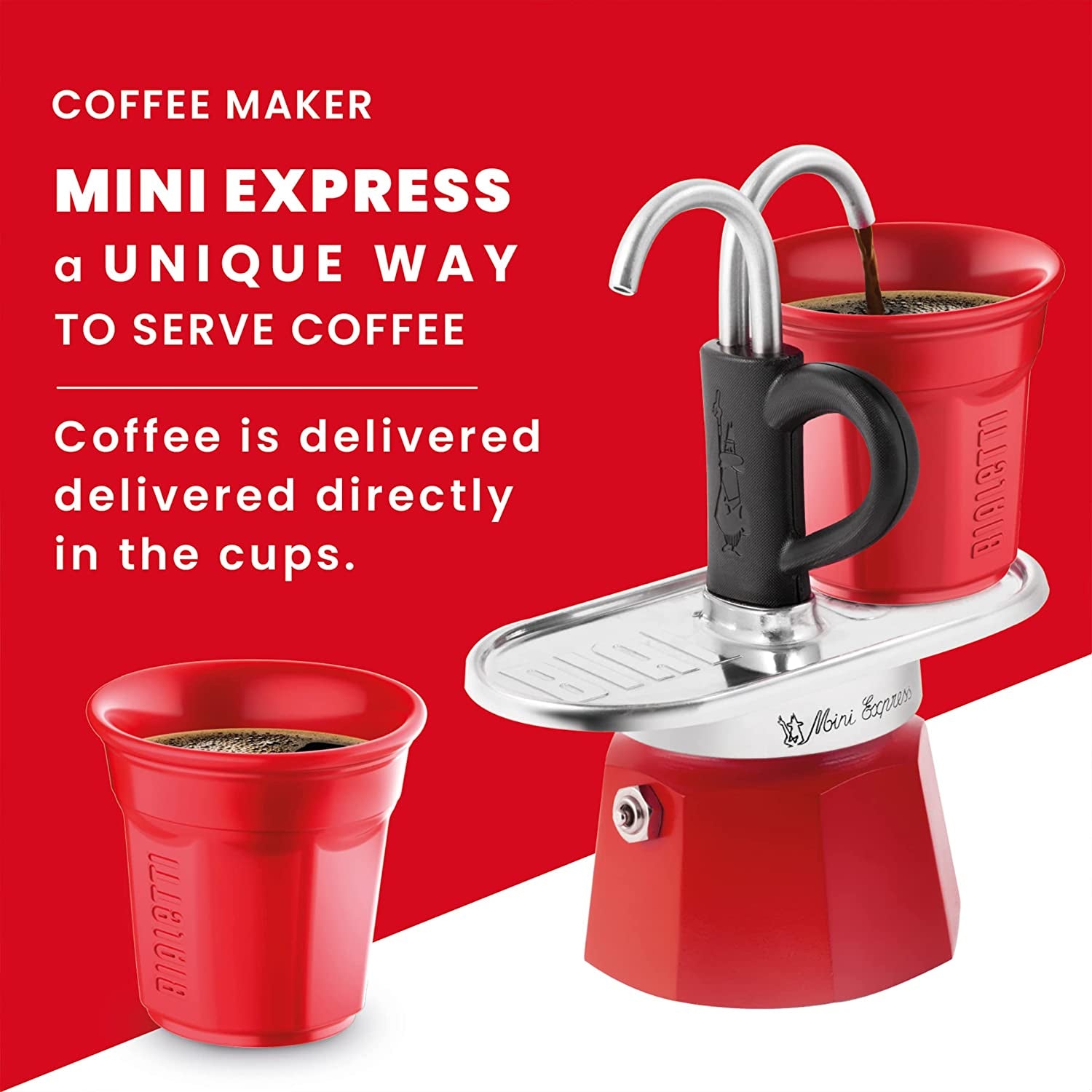 - Mini Express Color: Moka Set Includes Coffee Maker 2-Cup (2.8 Oz) + 2 Shot Glasses, Red, Aluminium