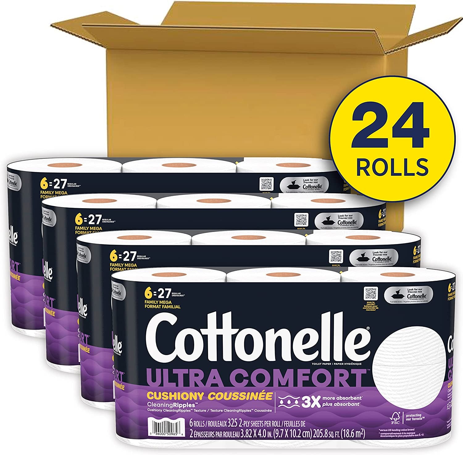 Ultra Comfort Toilet Paper with Cushiony Cleaningripples Texture, 24 Family Mega Rolls (24 Family Mega Rolls = 108 Regular Rolls) (4 Packs of 6), 325 Sheets per Roll, Packaging May Vary