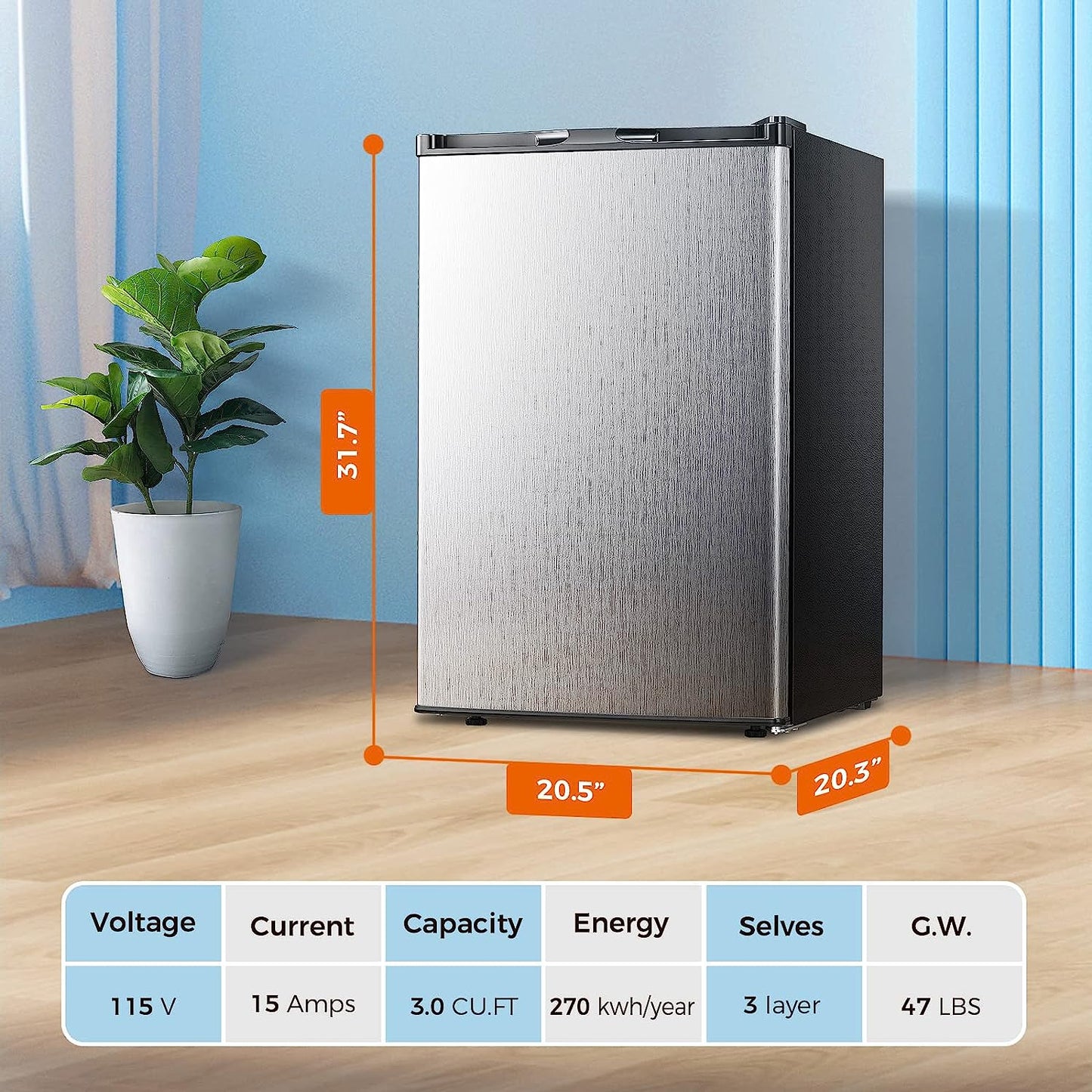 3.0 Cu.Ft Compact Upright Freezer with Reversible Single Door,Removable Shelves Mini Freezer with Adjustable Thermostat for Home/Kitchen/Office (3.0 Cu.Ft, Stainless Steel)