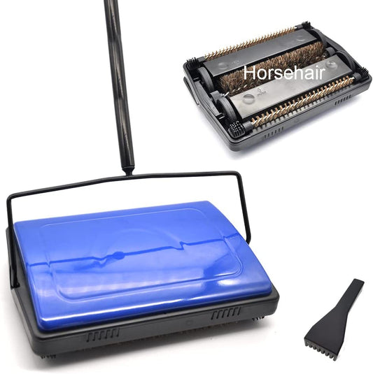 Quiet Carpet Sweeper, Floor Sweeper with Horsehair Roller Brush Strong,Suitable for Carpet Cleaning Power,Bristle Sweeper,Great for House,Office,Kitchen,Carpet(Blue)