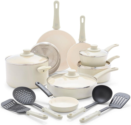 Soft Grip Healthy Ceramic Nonstick 16 Piece Kitchen Cookware Pots and Frying Sauce Saute Pans Set, Pfas-Free with Kitchen Utensils and Lid, Dishwasher Safe, Cream