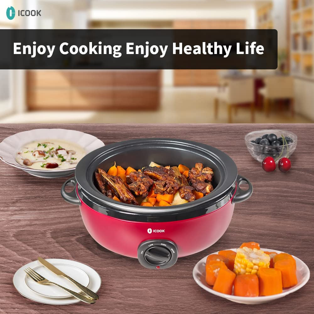 USC-35-OP001RD 3.5 Quart Slow Cooker,Aluminium Sear/Sauté Stew Pot Stovetop Safe,Dishwasher Safe,Glass Lid,Adjustable Temp,Food Warmer,Red