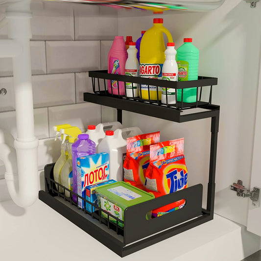 Under Sink Organizer,  2-Tier Pull Out Cabinet Organizer under Kitchen Sink Organizer, under Cabinet Storage Multi-Use for Bathroom Laundry Kitchen