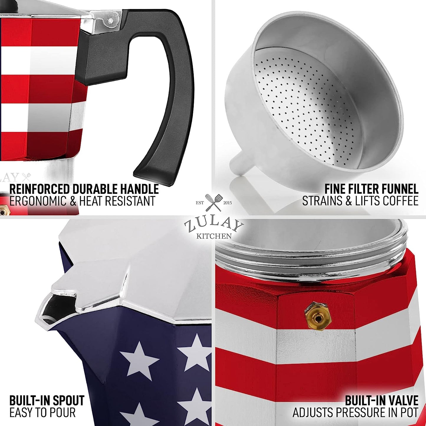 Zulay Classic Italian Style 5.5 Espresso Cup Moka Pot, Classic Stovetop Espresso Maker for Great Flavored Strong Espresso, Makes Delicious Coffee, Easy to Operate & Quick Cleanup Pot (American Flag)