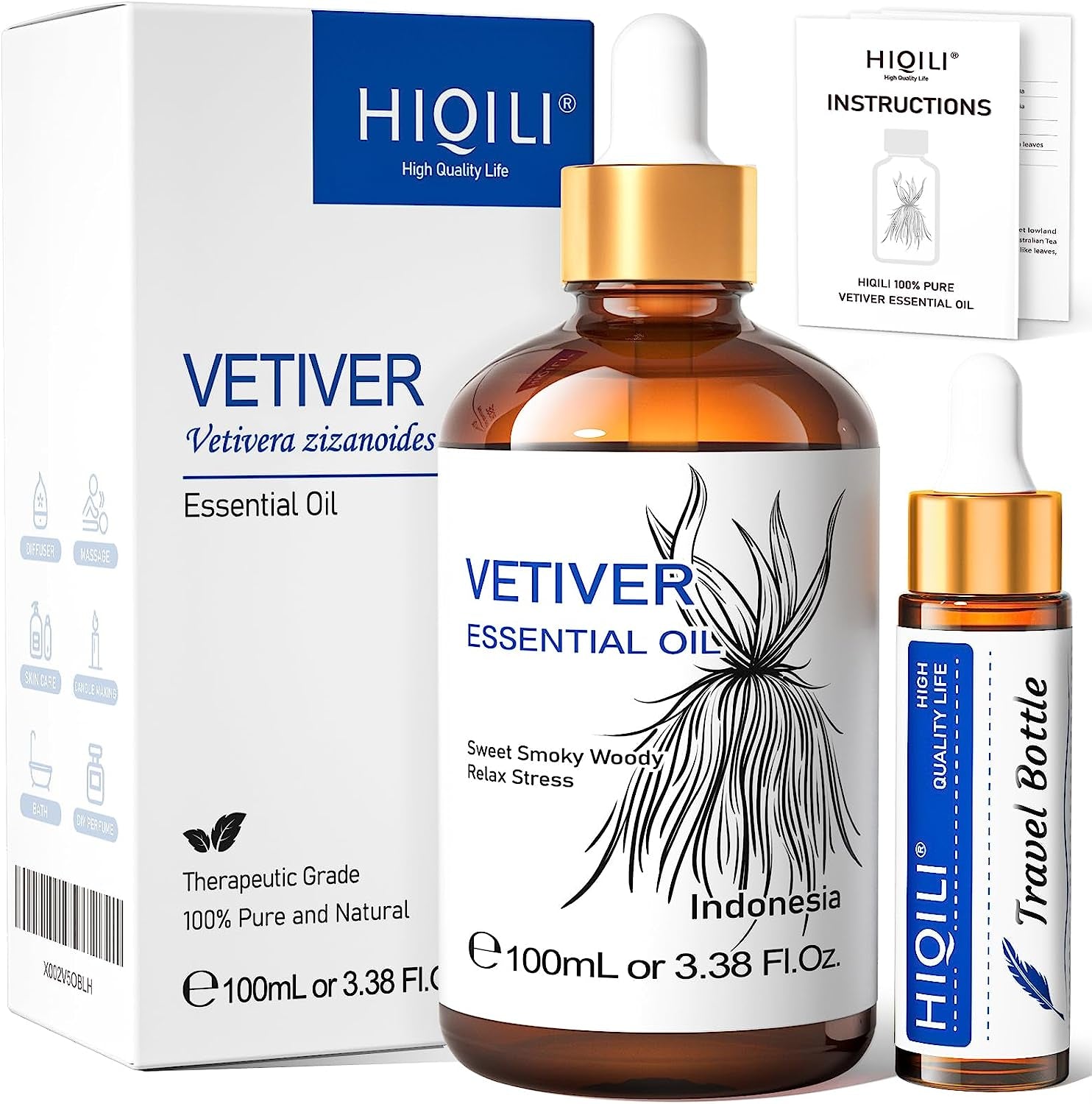 Vetiver Essential Oil, 100% Pure Natural for Diffuser,Skin Care - 3.38 Fl Oz.