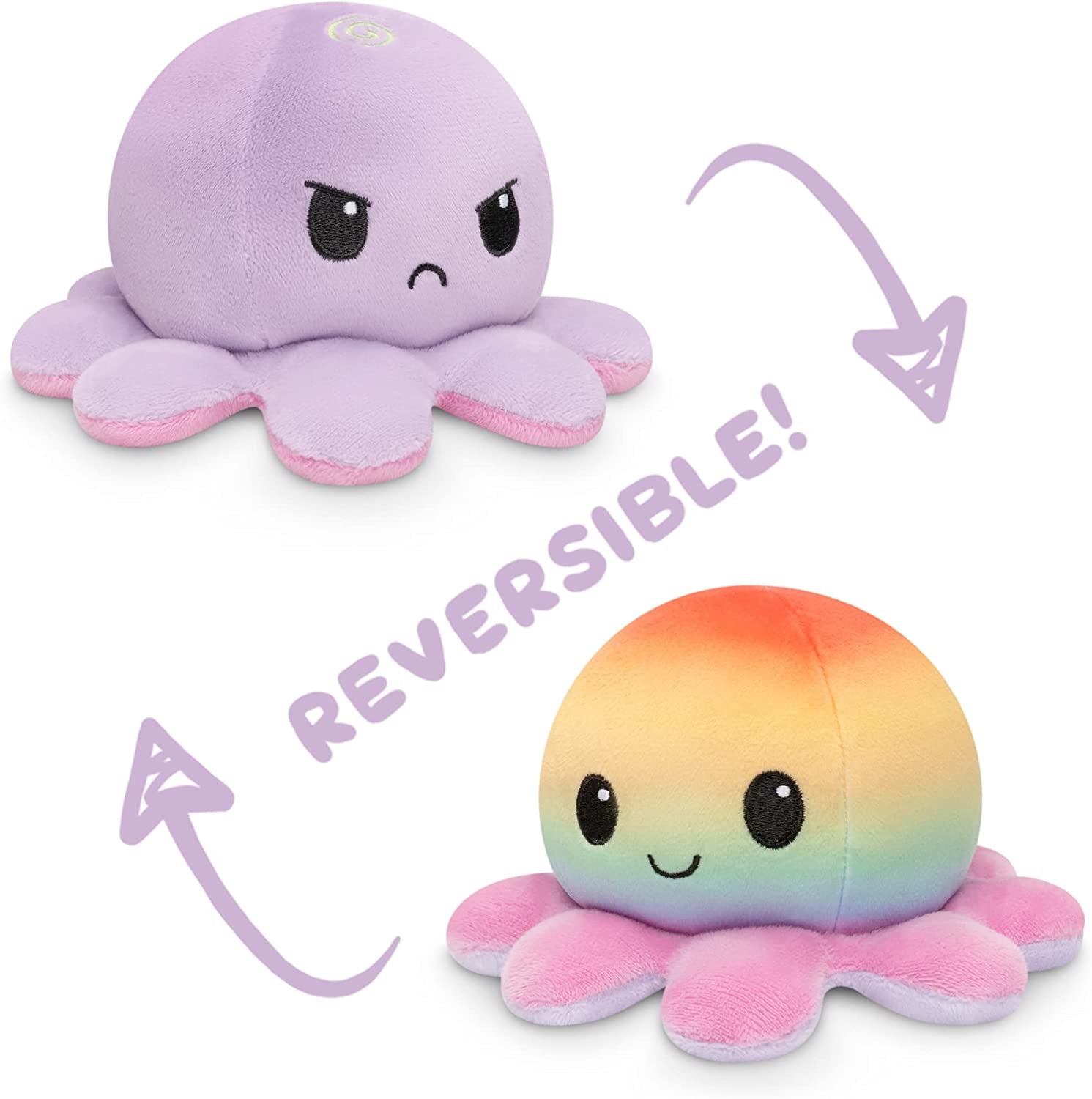 - the Original Reversible Octopus Plushie - Rainbow + Light Purple - Cute Sensory Fidget Stuffed Animals That Show Your Mood 4X4X3