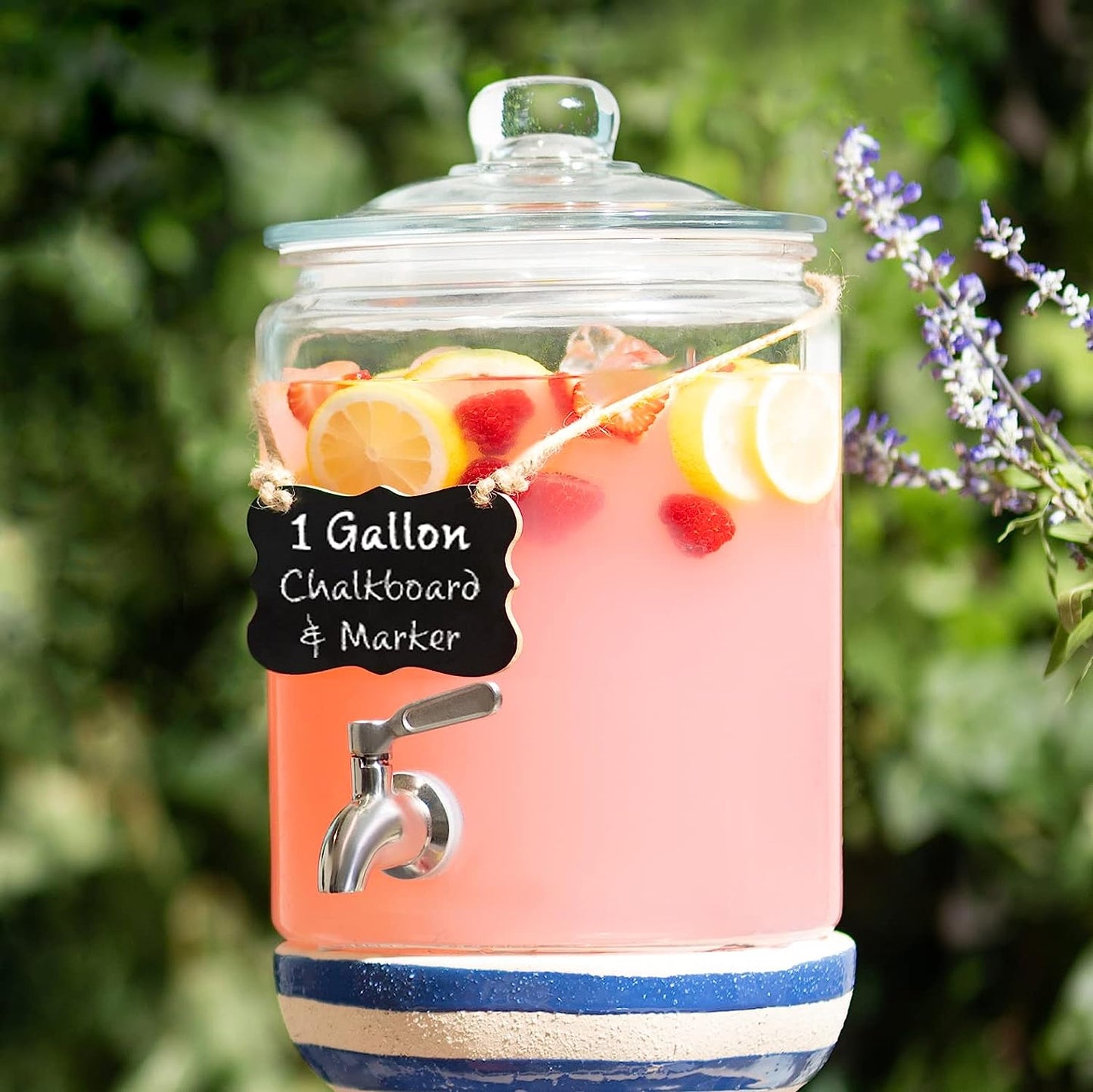 1 Gallon Beverage Dispenser with Stainless Steel Spigot + Marker & Chalkboard 100% Leakproof Glass Drink Dispenser for Parties with Spout, Airtight Beverage Serveware for Water, Juice, Laundry