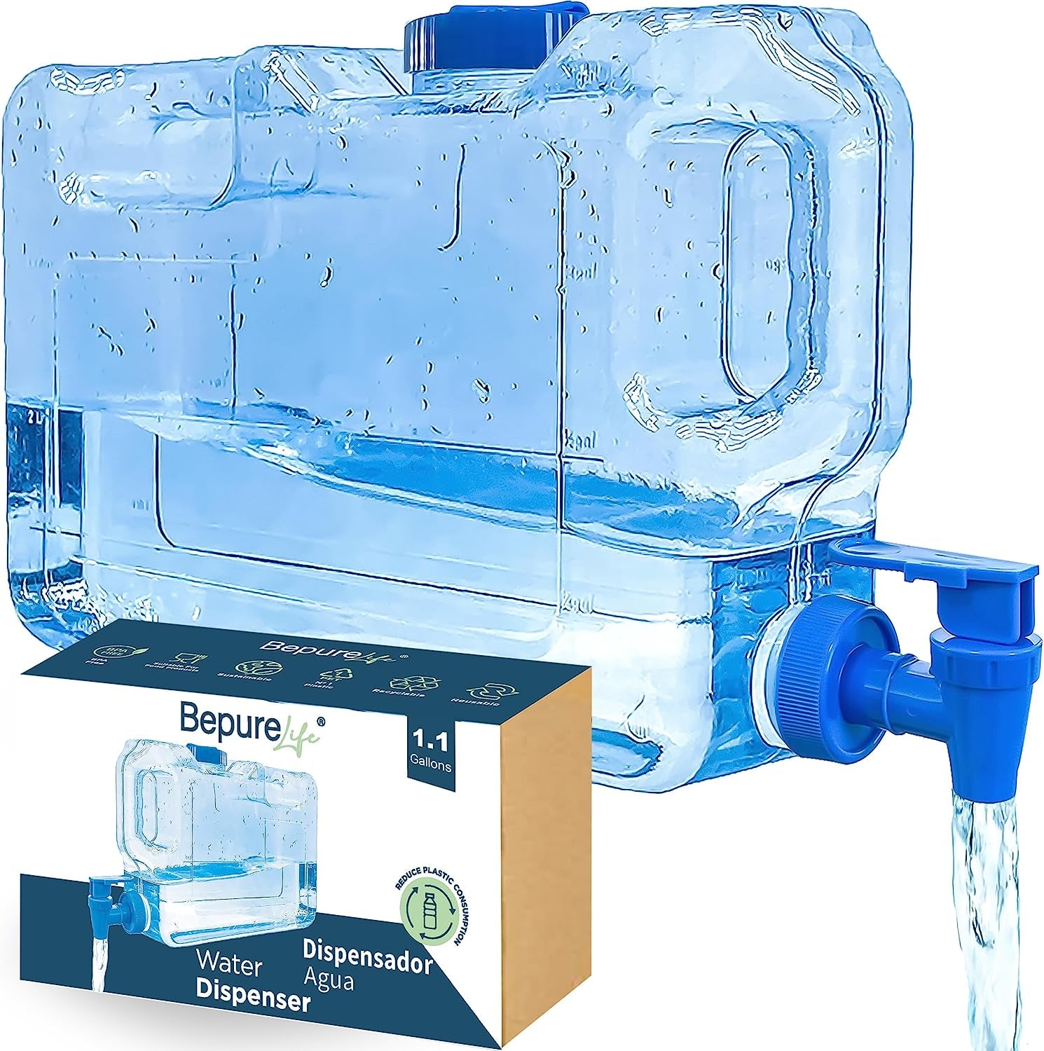 Water Drink Dispenser for Fridge. 1.1 Gal. Pitcher Refrigerator. Reusable PETG Plastic Bottle with Faucet, Spigot. Pur Water Jug. Tank for Drinks, Cocktails, Juice. Zero Bpa.Beach, Camping. (1.1Gal)