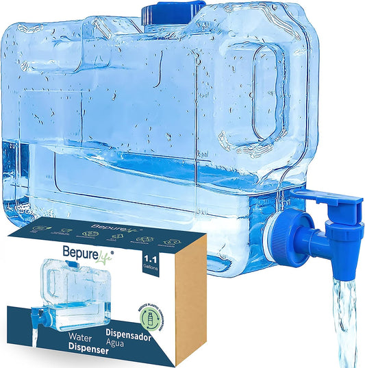 Water Drink Dispenser for Fridge. 1.1 Gal. Pitcher Refrigerator. Reusable PETG Plastic Bottle with Faucet, Spigot. Pur Water Jug. Tank for Drinks, Cocktails, Juice. Zero Bpa.Beach, Camping. (1.1Gal)