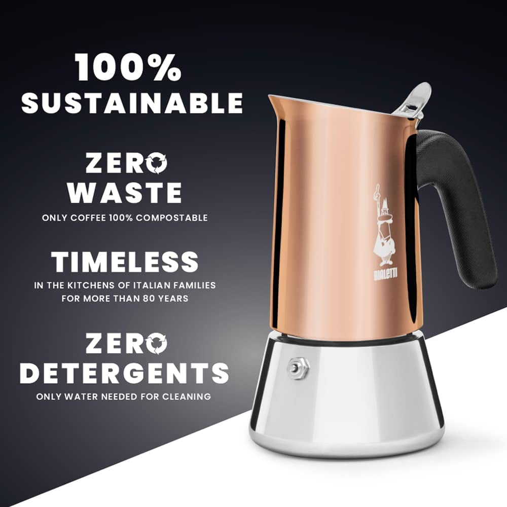 - New Venus Induction, Stainless Steel Stovetop Espresso Coffee Maker, Suitable for All Types of Hobs, 6 Cups (7.9 Oz), Copper