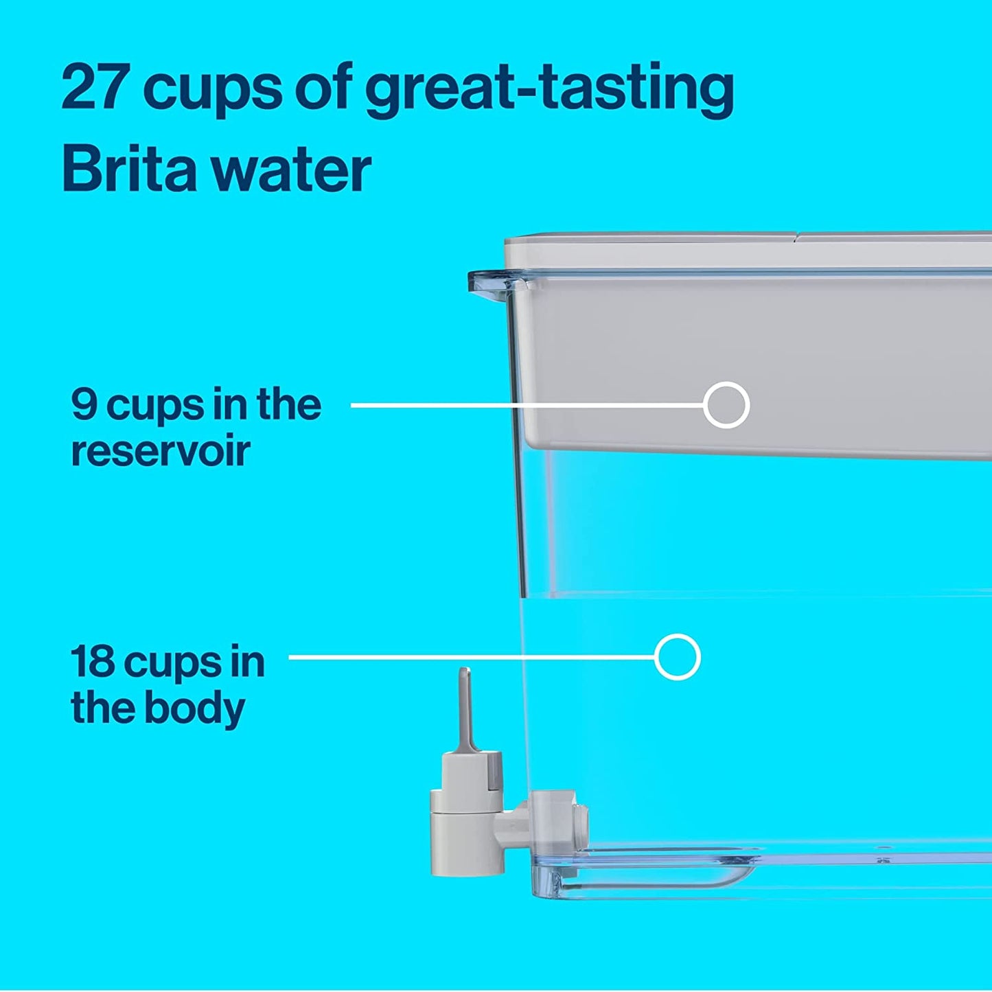 XL Water Filter Dispenser for Tap and Drinking Water with 1 Standard Filter, Lasts 2 Months, 27-Cup Capacity, BPA Free, Grey