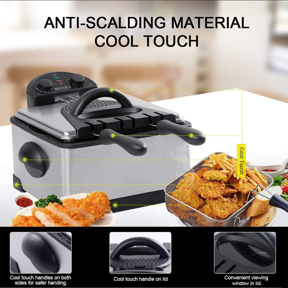 1700-Watt Stainless-Steel Triple Basket Electric Deep Fryer with Timer Free Extra Odor Filter, 4L/17-Cup