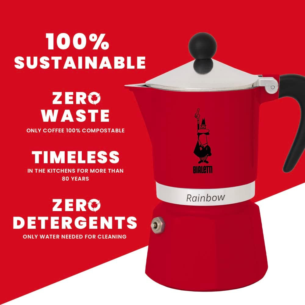 - Rainbow: Stovetop Espresso Maker, Moka Pot 3 Cups (4.3 Oz - 130 Ml), Aluminium, Red