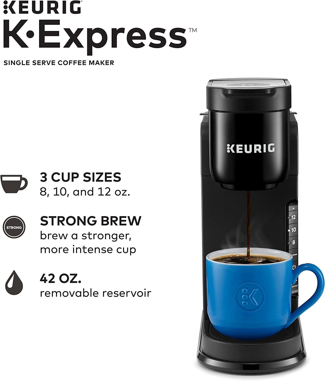 K-Express Coffee Maker, Single Serve K-Cup Pod Coffee Brewer, Black, 12.8” L X 5.1” W X 12.6” H