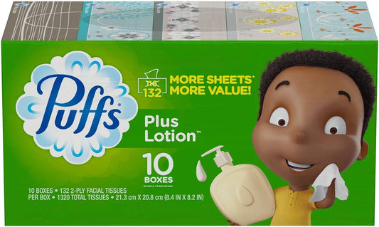 plus Lotion Facial Tissues, 10 Family Boxes (132 Tissues per Box)