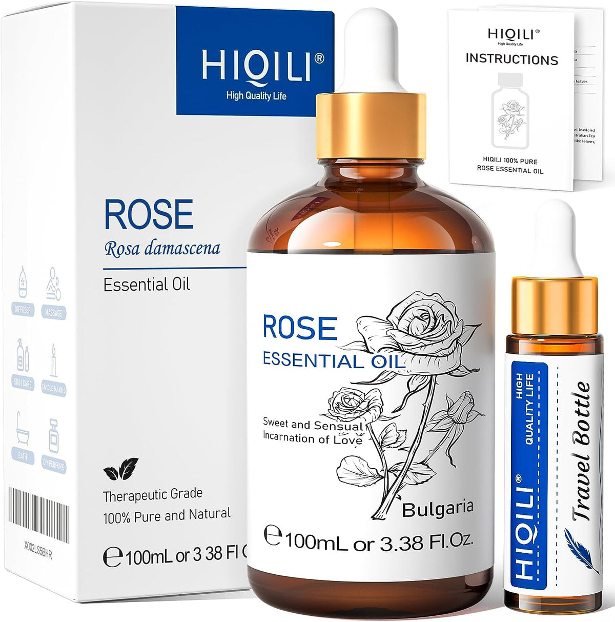 Rose Oil Fragrance Essential Oil, Premium Grade for Diffuser, Skin, Hair, Candle Making, Soap Making,Large Bottle with Dropper & Gift Box- 3.38 Oz