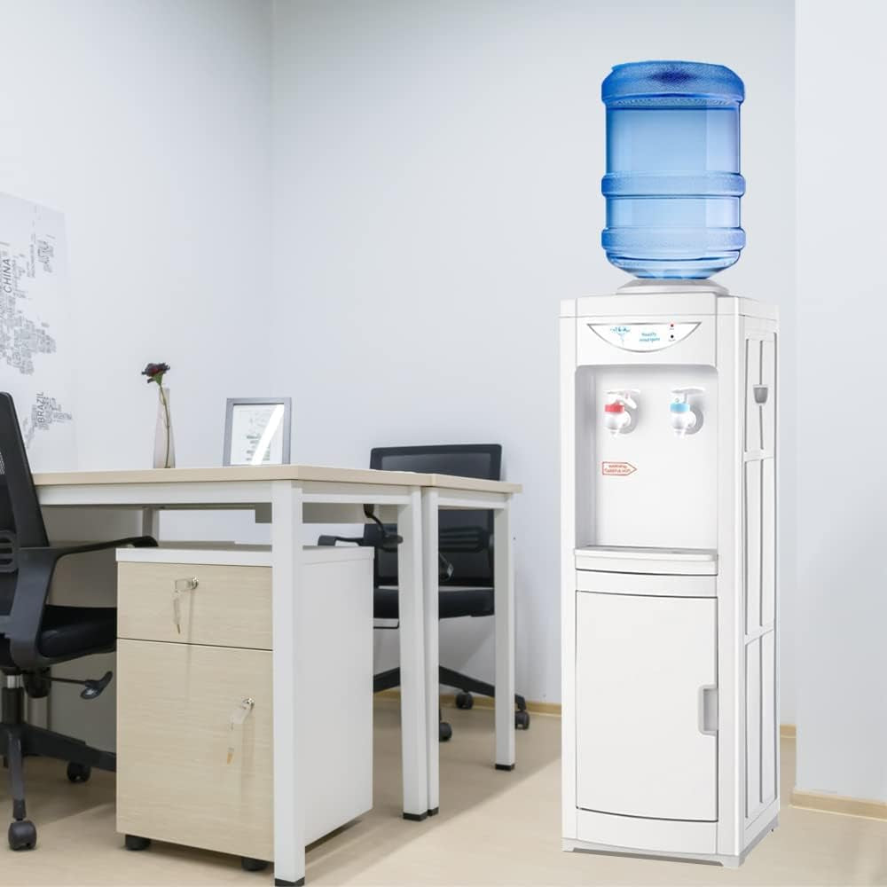 Water Cooler Dispenser 5 Gallon, Top Loading Water Dispenser Hot and Cold Water Dispenser with Storage Cabinet Child Safety Lock for Home Office, White