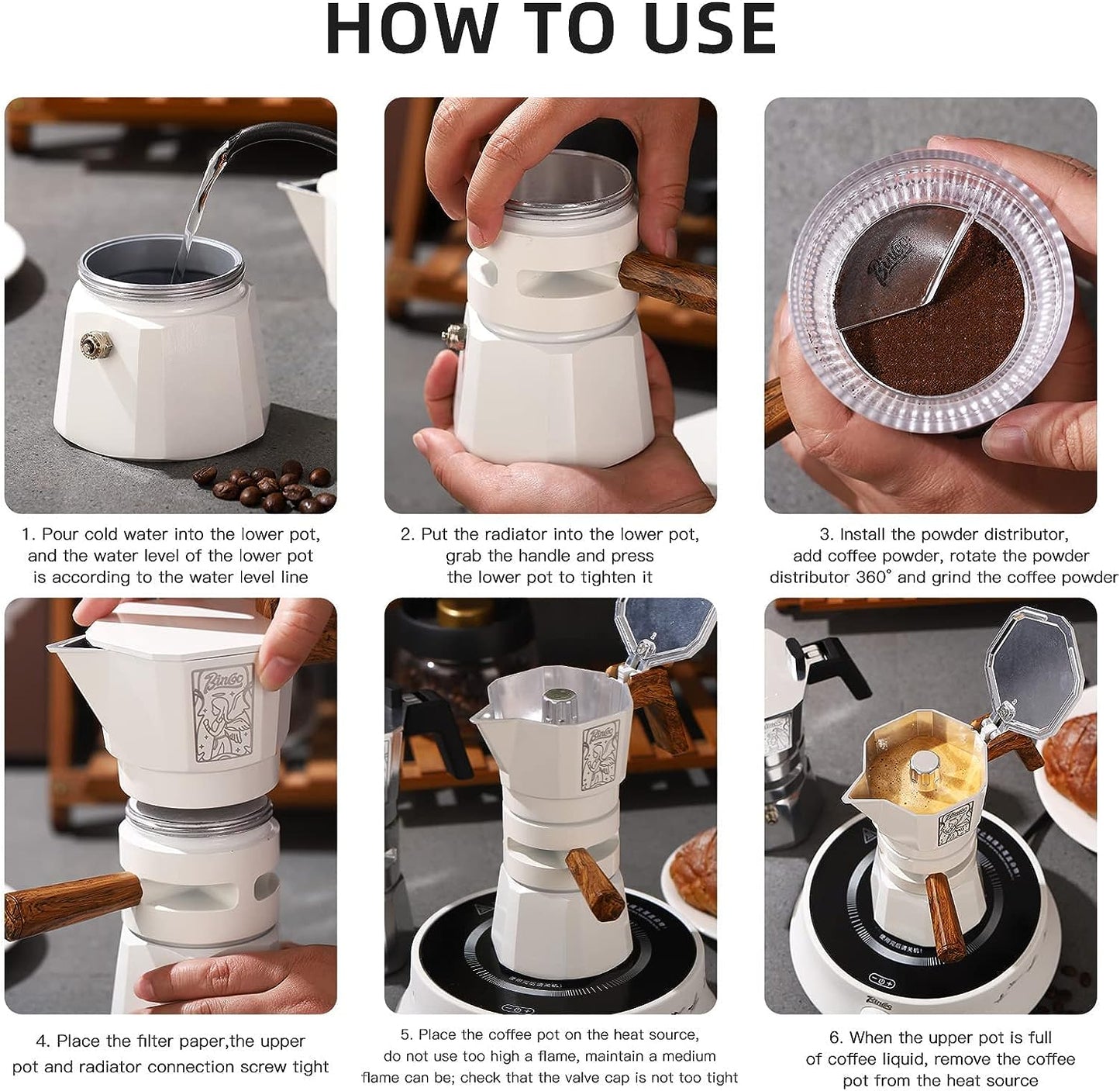 120ML/2 Cup Stovetop Espresso Maker Double Valve Moka Pot with Thermostat Extractor Prevent Over-Extraction,Italian Espresso Moka Pot with Powder Dispenser and Filter Paper for Home(Black)