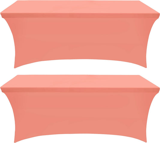 Spandex Tablecloth 2 Pack [6FT, Coral] Tight, Fitted, Washable and Wrinkle Resistant Stretch Rectangular Patio Table Cover for Event, Wedding, Banquet & Parties [72Lx30Wx30H Inch]