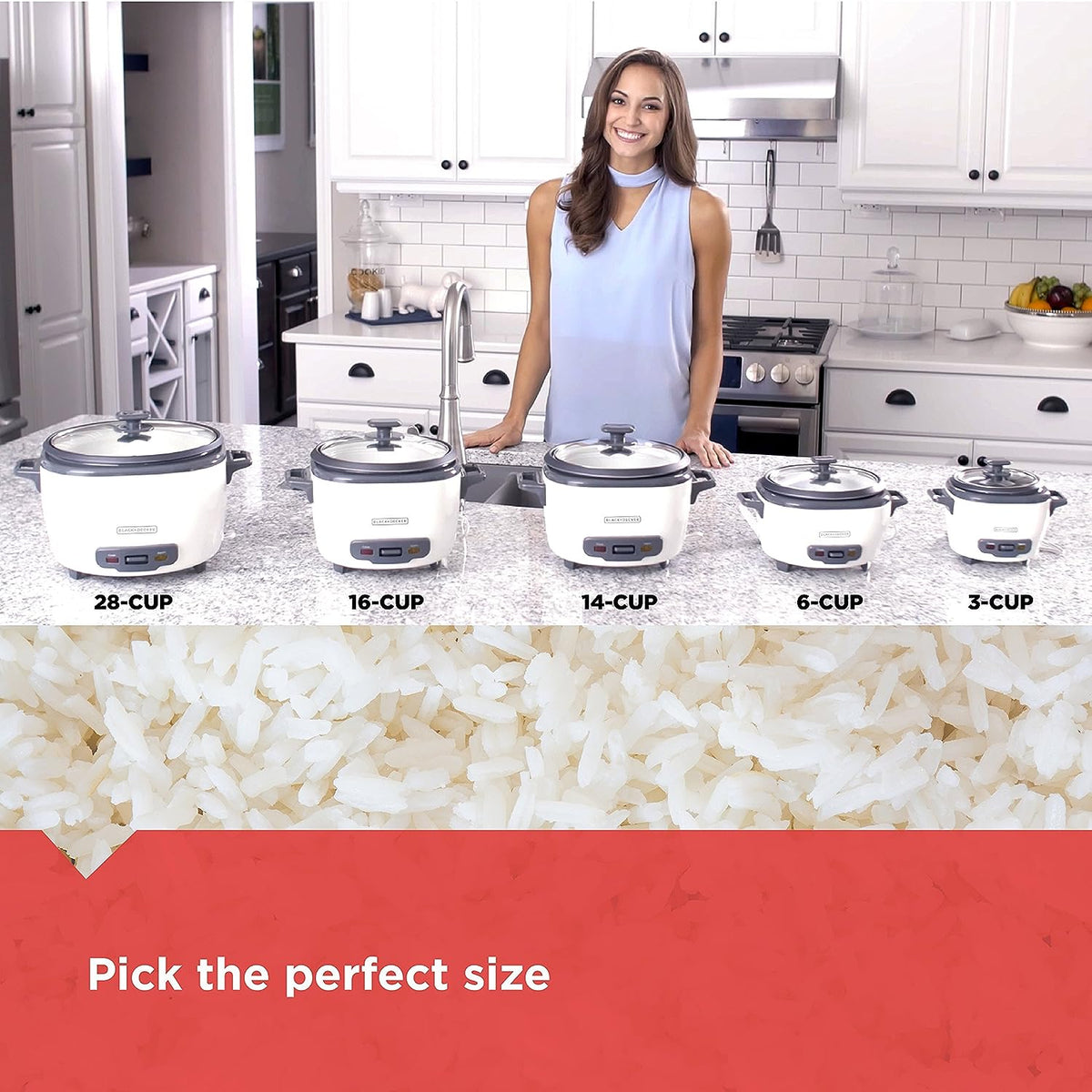 BLACK+DECKER Rice Cooker 3 Cups Cooked (1.5 Cups Uncooked) with Steaming Basket, Removable Non-Stick Bowl, White