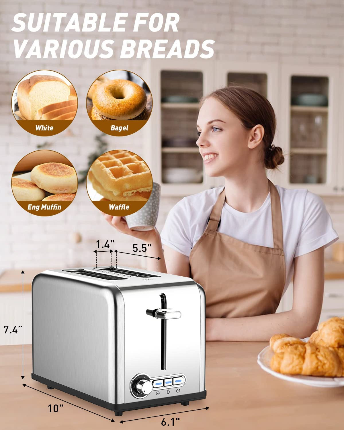 2 Slice Toaster - Stainless Steel Wide Slot Toasters 6 Shade Settings Defrost/Bagel/Cancel with Drop-Down Crumb Tray, Compact Countertop Toaster for Artisan Bread, Muffin, Croissant, Bagel, Waffles