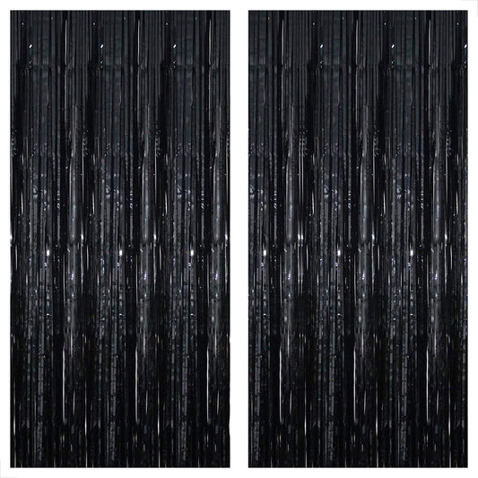 , Xtralarge 8X3.2 Feet Black Fringe Backdrop - Pack of 2, Black Foil Fringe Curtain | Black Streamer Backdrop for Halloween Party Decorations | Halloween Backdrop | Black Backdrop for Party