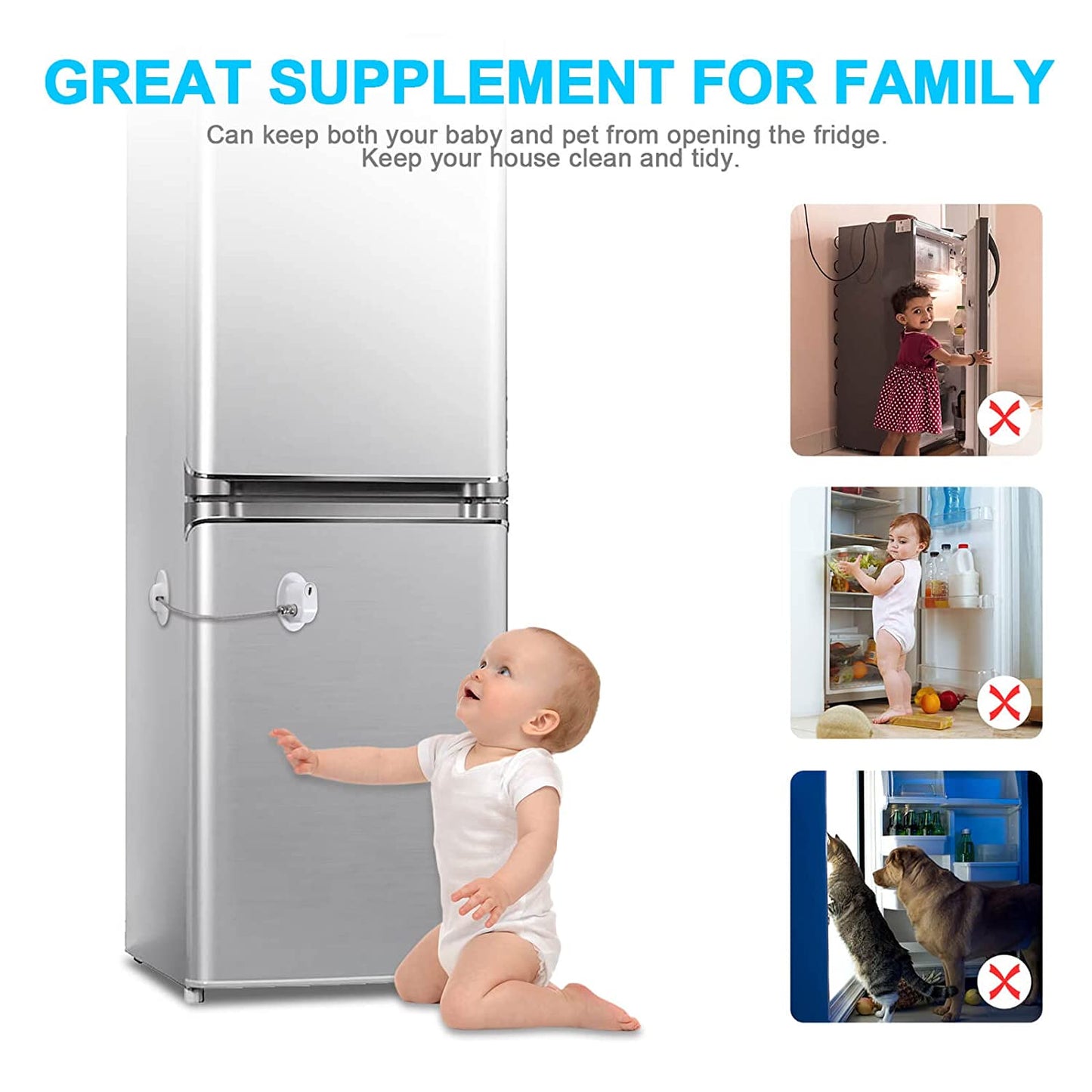 2 Pcs Fridge Lock, Refrigerator Lock for Children, Mini Fridge Locks for Kids, Freezer Lock, Used in Refrigerator Door, Cabinets, Drawers, Toilet Seat (Pads Size: 2.1 X 1.5 In)