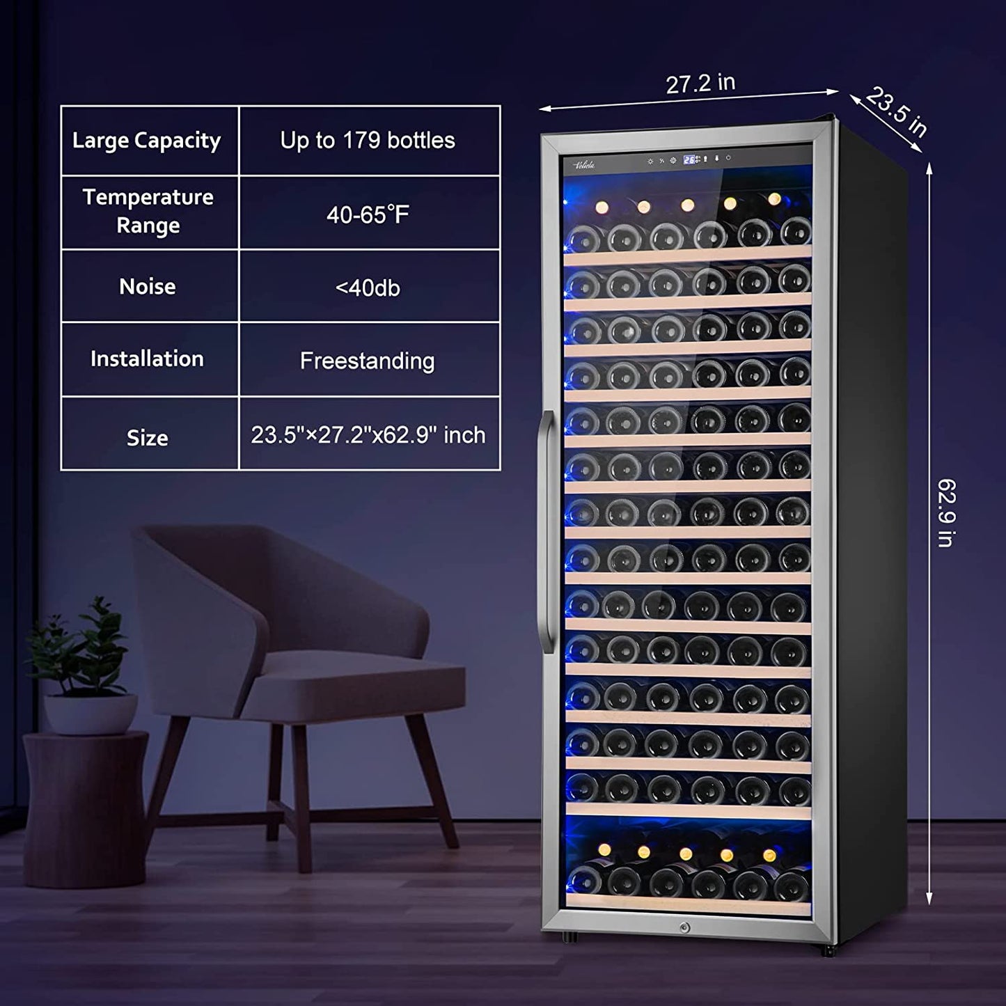 Wine Cooler Refrigerator,  179 Bottles Professional Wine Cellars with Powerful Compressor,Quiet Operation and Elegant Design for the Wine Enthusiast, Silver, 23.5Inches×27.2Inchesx62.9Inches