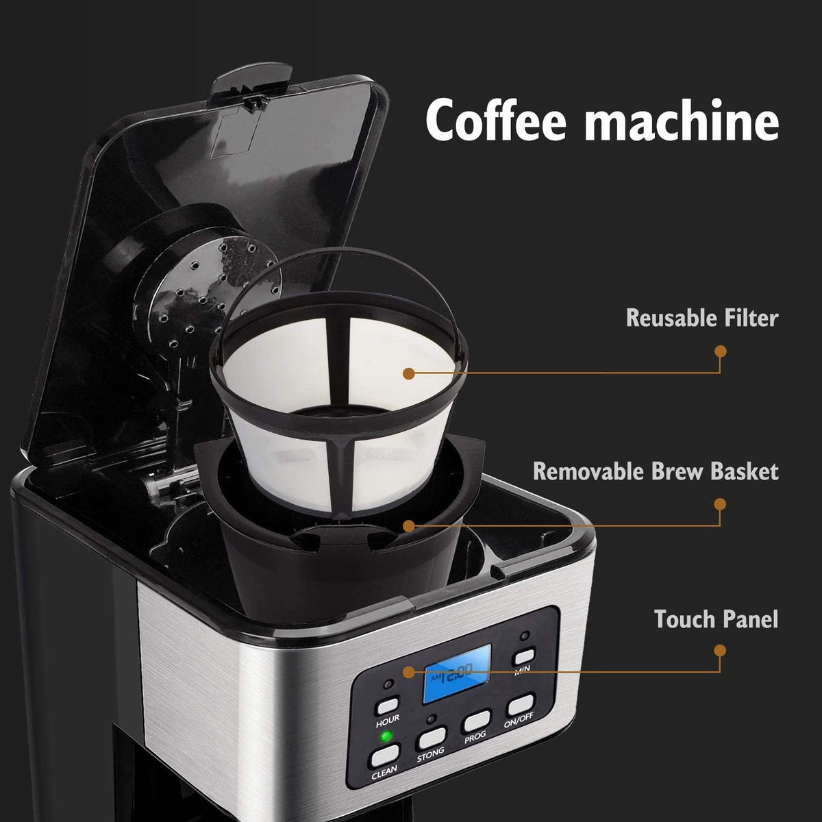 Programmable Coffee Maker, 4-12 Cups Drip Coffee Machine with Glass Carafe, Regular & Strong Brew, Pause & Serve for Home and Office