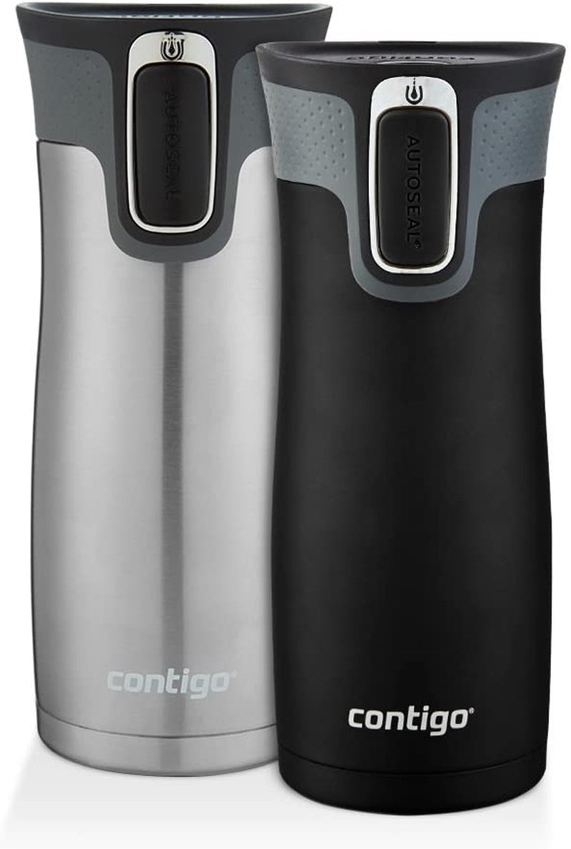 West Loop Stainless Steel Vacuum-Insulated Travel Mug with Spill-Proof Lid, Keeps Drinks Hot up to 5 Hours and Cold up to 12 Hours, 16Oz 2-Pack, Matte Black & Steel