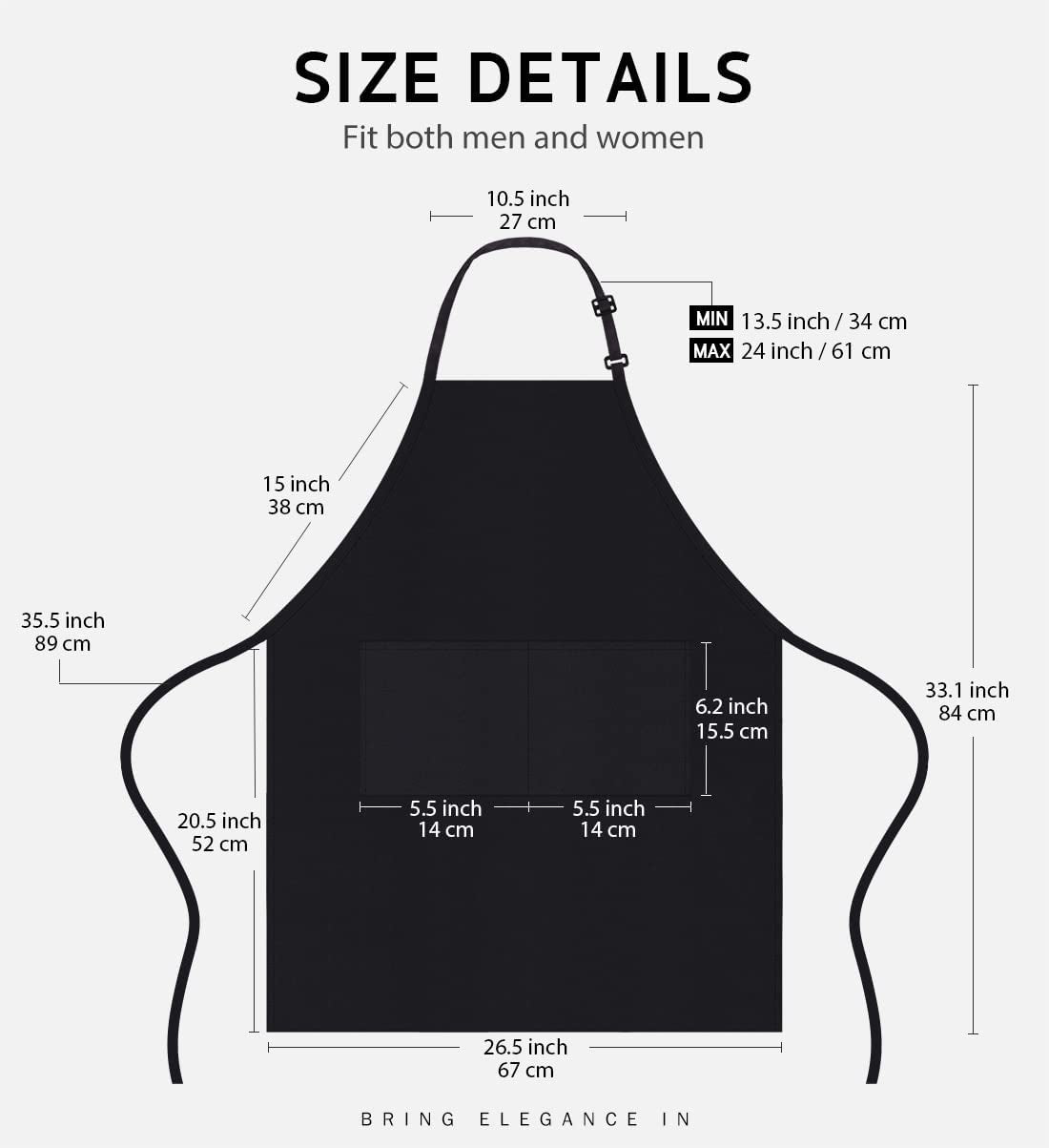 2 Pack Adjustable Bib Apron Thicker Version Waterdrop Resistant with 2 Pockets Cooking Kitchen Aprons for Women Men Chef, White & Black