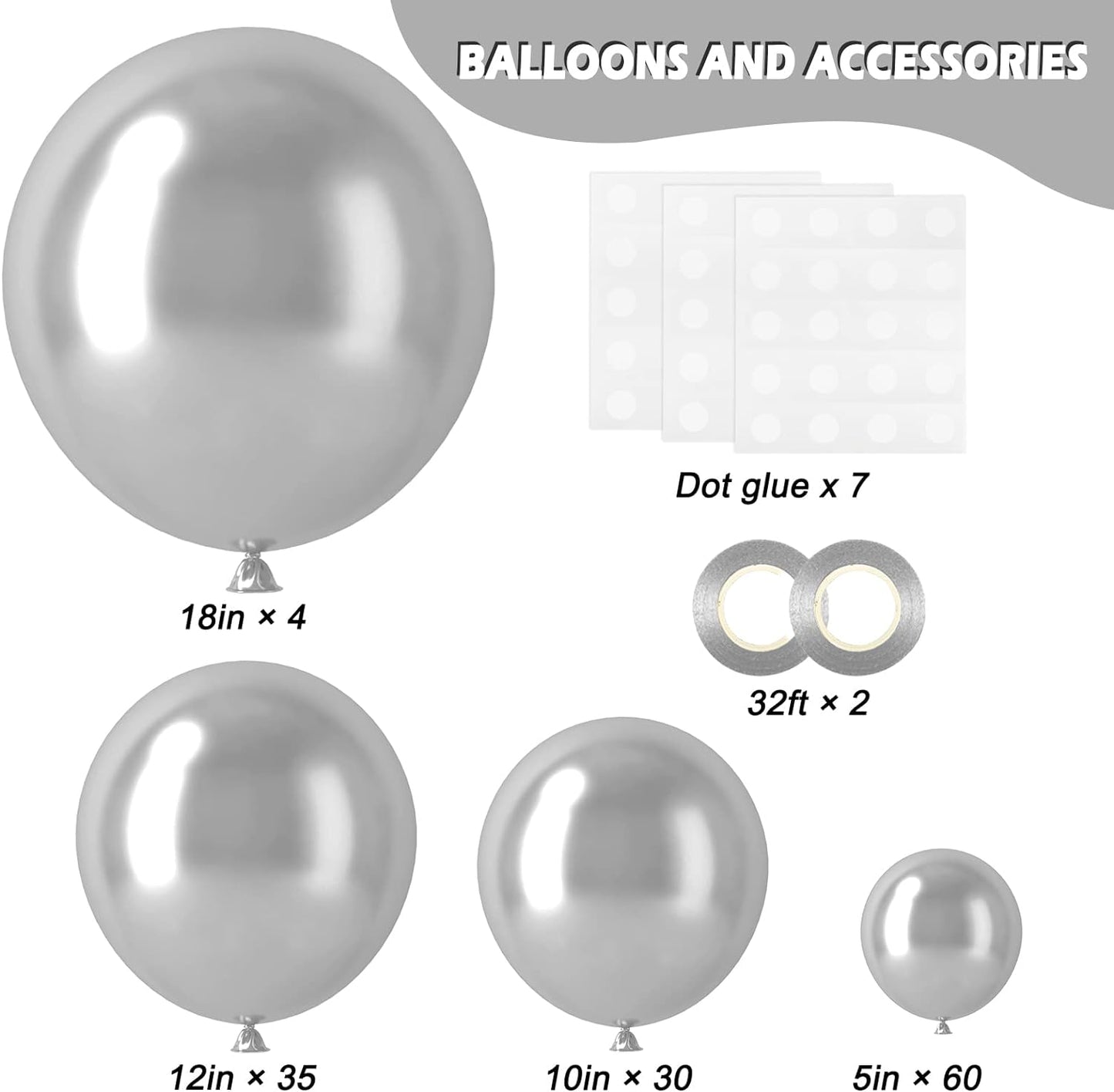 129Pcs Metallic Silver Balloons Latex Balloons Different Sizes 18 12 10 5 Inches Party Balloon Kit for Birthday Party Graduation Baby Shower Wedding Holiday Easter Decoration