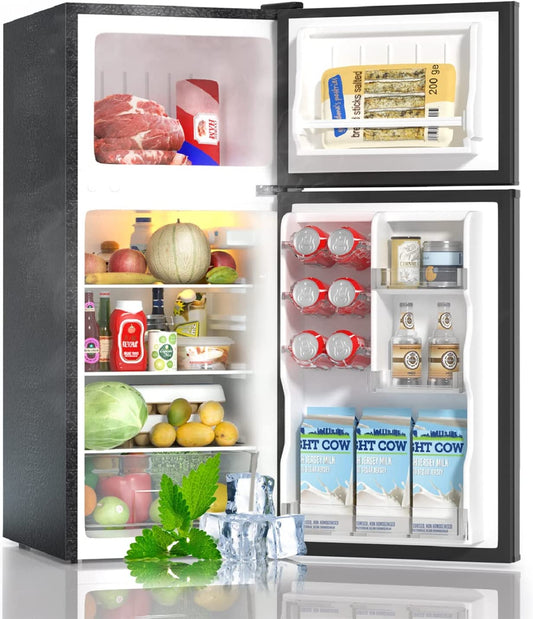 Small Fridge with Freezer, 4.0 Cu.Ft, Samll Refrigerator with Freezer, 5 Settings Temperature Adjustable, 2 Doors, Compact Fridge for Apartment Bedroom Dorm and Office, Black