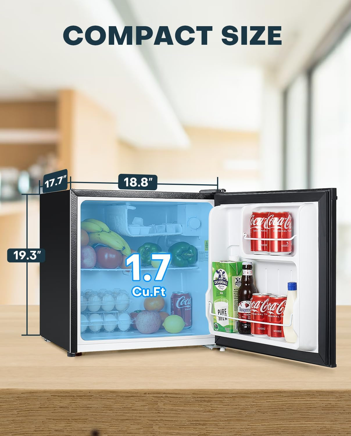 1.7 Cu.Ft Mini Fridge with Freezer, Adjustable Thermostat, Energy Saving, Low Noise, Single Door Compact Refrigerator for Dorm, Office, Bedroom, Black-Fr17