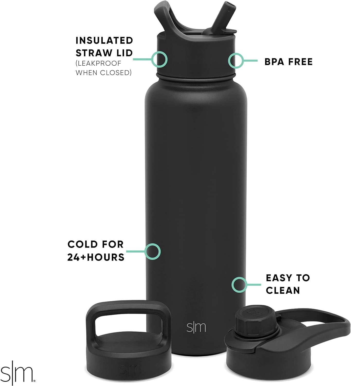Water Bottle with Straw, Handle, and Chug Lid Vacuum Insulated Stainless Steel Metal Thermos Bottles | Large Leak Proof Bpa-Free Flask for Gym | Summit Collection | 40Oz, Midnight Black