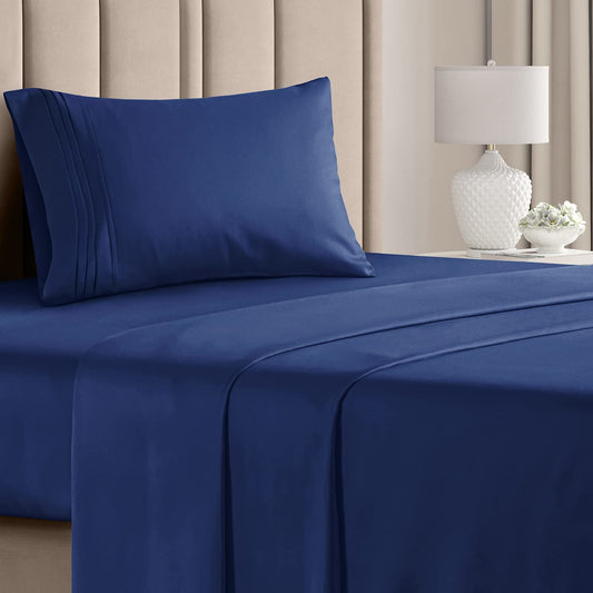 Twin Size 3 Piece Bedding Sheet Set - Breathable & Cooling Bed Sheets - Hotel Luxury Bed Sheets for Women & Men- Deep Pockets, Easy-Fit - Soft & Wrinkle Free - Home Decor - Navy Blue Oeko-Tex Set