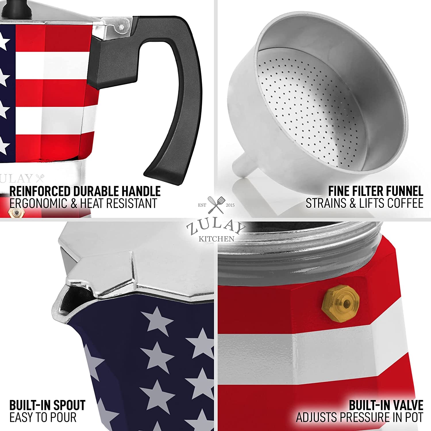 Zulay Classic Stovetop Espresso Maker for Great Flavored Strong Espresso, Classic Italian Style 3 Espresso Cup Moka Pot, Makes Delicious Coffee, Easy to Operate & Quick Cleanup Pot (American Flag)